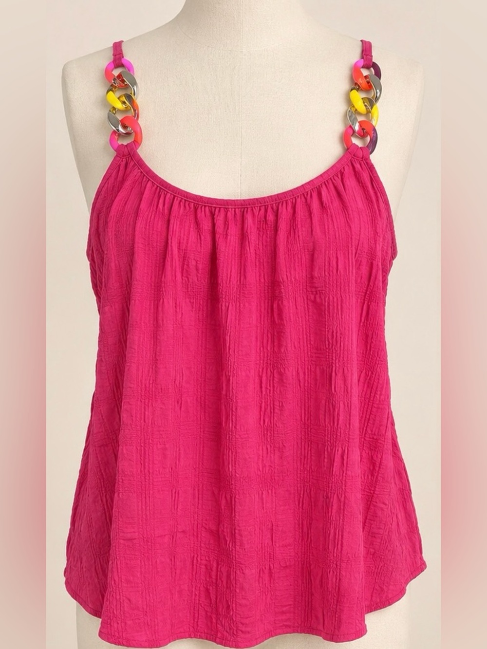 SHEIN Hot Pink Chain Strap Tank Top XL Neon Statement Crinkle Cami